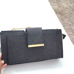 Dark Gray  Faux Suede Clutch Purse w/ Gold Trim flap NWT